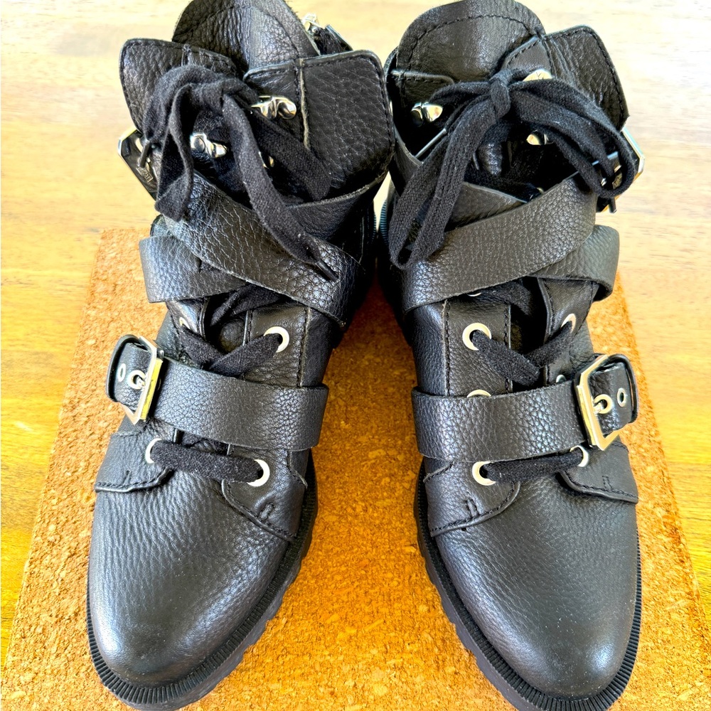 DOLCE VITA Preia Black Leather Combat Boots Buckle Straps